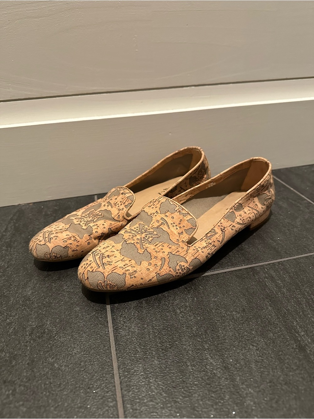 Sesto Meucci Floral Cork Slip-On Loafers in Natural Tan and Gray